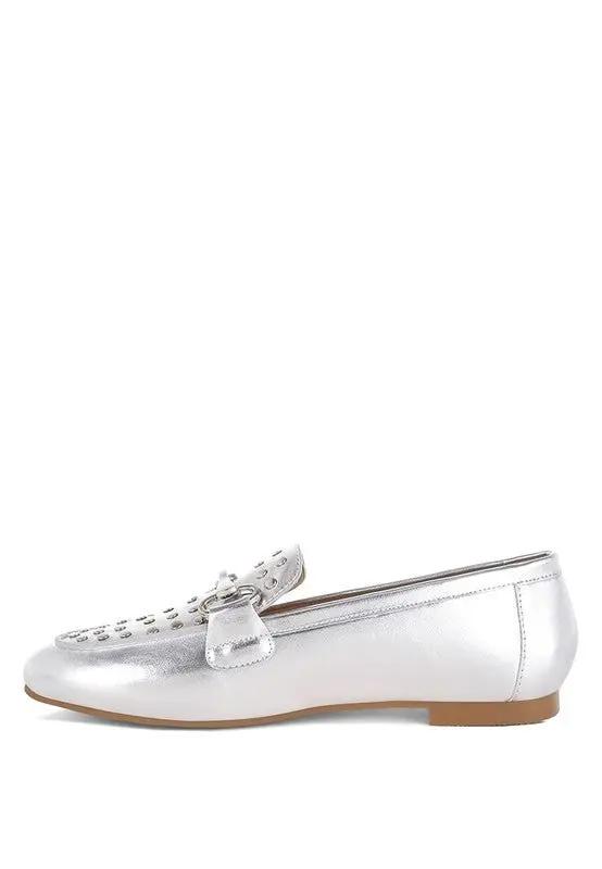 Estafa Horsebit & Studs Metallic Pleather Loafers for Women - Love Salve